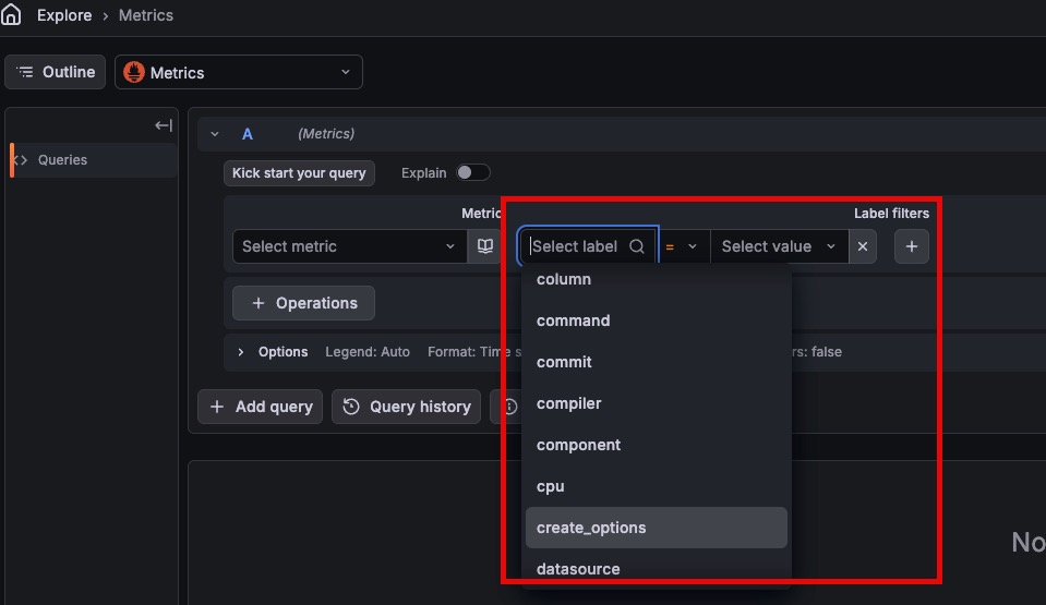 PromQL builder showing Label filters